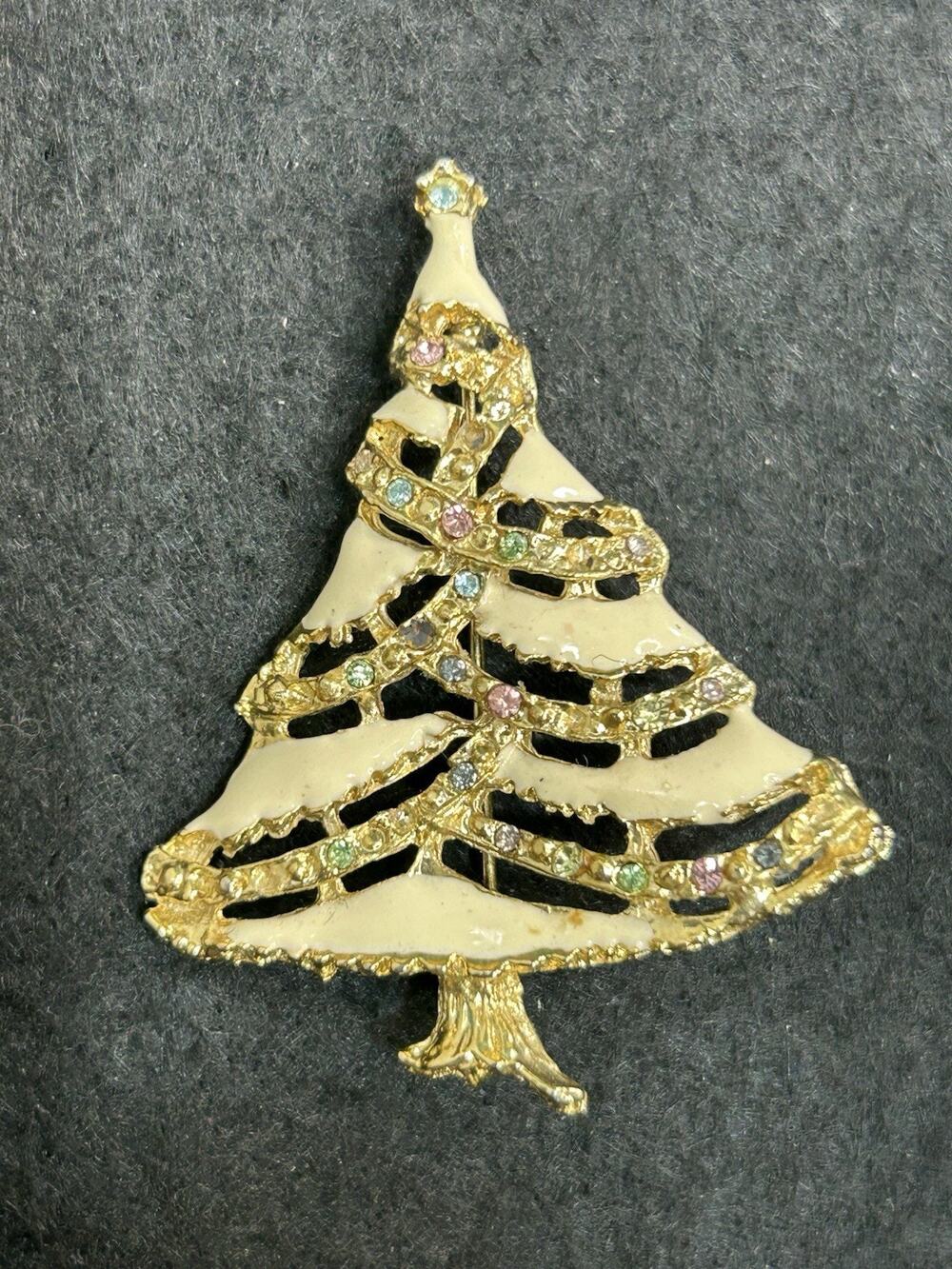 Vintage Christmas Tree Brooch White Enamel Rhinestone Gold Tone Holiday Pin 3"